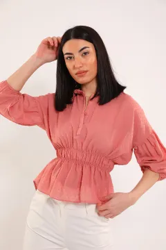 Kadın Gömlek Yaka Bel Ve Kol Lastikli Ponponlu Kısa Bluz Gül