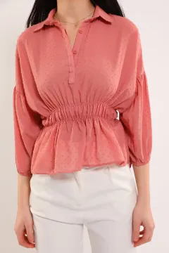 Kadın Gömlek Yaka Bel Ve Kol Lastikli Ponponlu Kısa Bluz Gül