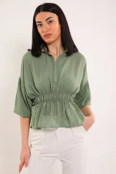 Kadın Gömlek Yaka Bel Ve Kol Lastikli Ponponlu Kısa Bluz Mint