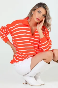 Kadın Gömlek Yaka Çizgili Salaş Triko Kazak Orange