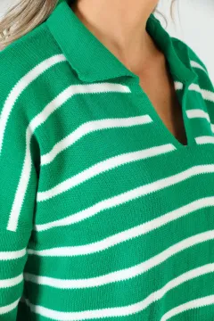 Kadın Gömlek Yaka Çizgili Salaş Triko Kazak Yeşil