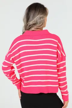 Kadın Gömlek Yaka Çizgili Triko Bluz Fuşya