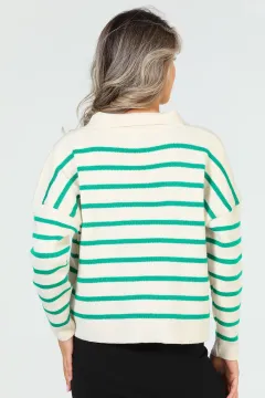 Kadın Gömlek Yaka Çizgili Triko Bluz Kremyeşil