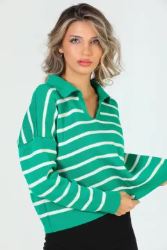 Kadın Gömlek Yaka Çizgili Triko Bluz Yeşil