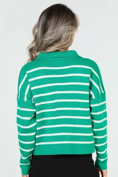 Kadın Gömlek Yaka Çizgili Triko Bluz Yeşil