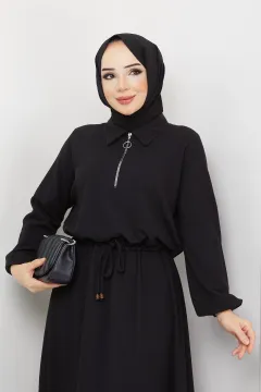 Kadın Gömlek Yaka Fermuar Detaylı Bel Bağlamalı Tesettür Elbise Siyah