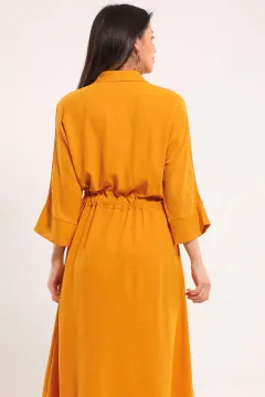 Kadın Gömlek Yaka Ön Düğmeli Bel Kuşak Detaylı Elbise Hardal