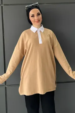 Kadın Gömlek Yaka Salaş Tesettür Sweatshirt Bisküvi