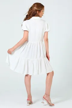 Kadın Gömlek Yaka Taş Detaylı Kısa Elbise Beyaz