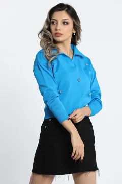 Kadın Gömlek Yaka Taş Detaylı Triko Bluz Mavi