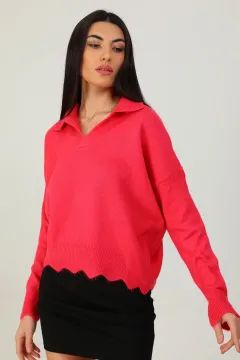 Kadın Gömlek Yaka Triko Bluz Fuşya