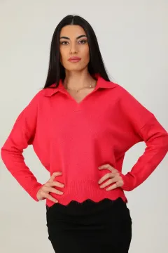 Kadın Gömlek Yaka Triko Bluz Fuşya