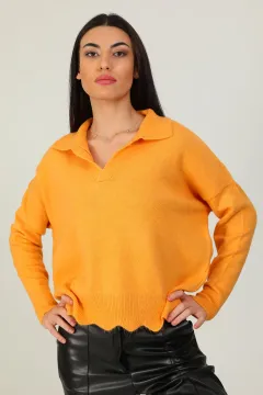 Kadın Gömlek Yaka Triko Bluz Hardal