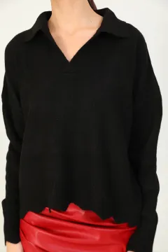 Kadın Gömlek Yaka Triko Bluz Siyah