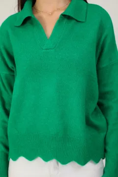 Kadın Gömlek Yaka Triko Bluz Yeşil