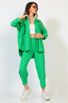 Kadın Güpürlü Gömlek Pantolon İkili Takım Yeşil