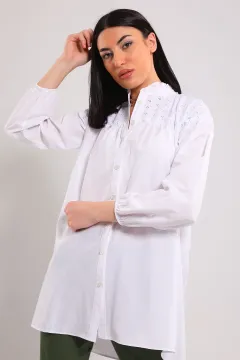 Kadın Hakim Yaka Dantel Detaylı Gömlek Tunik Beyaz