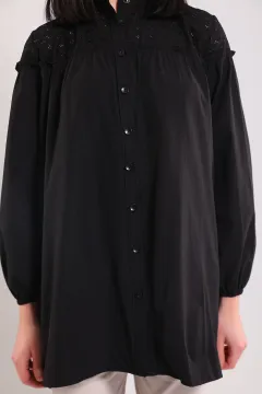 Kadın Hakim Yaka Dantel Detaylı Gömlek Tunik Siyah