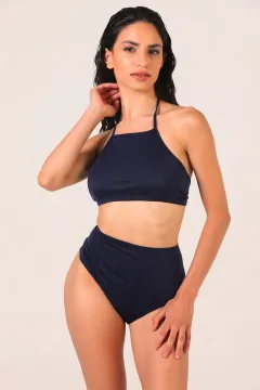 Kadın Halter Yaka Yüksek Bel Bikini Takım Lacivert