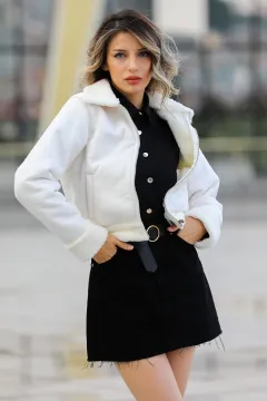 Kadın İçi Kürklü Crop Ceket Krem