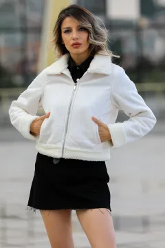 Kadın İçi Kürklü Crop Ceket Krem