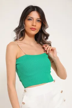 Kadın İnci Askılı Mevsimlik Crop Triko Bluz Yeşil