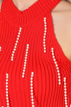 Kadın İnci Detaylı Kolsuz El İşlemeli Mevsimlik Crop Triko Bluz Kırmızı