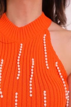 Kadın İnci Detaylı Kolsuz El İşlemeli Mevsimlik Crop Triko Bluz Orange