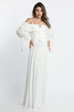 Kadın İp Askılı Kemer Detaylı Kol Tüllü Uzun Abiye Gece Kıyafeti Beyaz