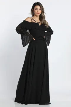 Kadın İp Askılı Kemer Detaylı Kol Tüllü Uzun Abiye Gece Kıyafeti Siyah