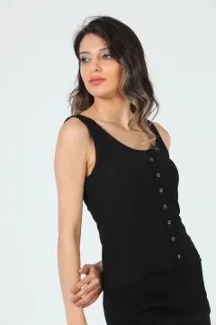 Kadın Kalın Askılı Çıtçıt Detaylı Crop Bluz Siyah