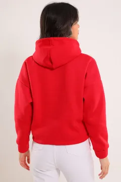 Kadın Kapüşonlu Ön Baskılı Şardonlu Crop Sweatshirt Kırmızı