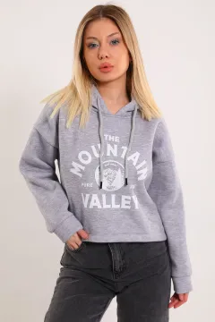 Kadın Kapüşonlu Ön Baskılı Şardonlu Crop Sweatshirt Gri