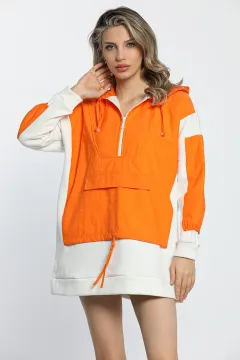 Kadın Kapşonlu Ön Fermuar Detaylı Sweatshirt Orange