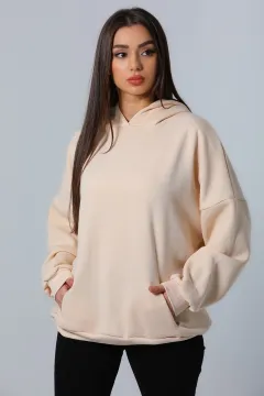 Kadın Kapüşonlu 3 İplik Şardonlu Cepli Oversize Sweatshirt Bej