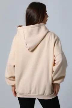 Kadın Kapüşonlu 3 İplik Şardonlu Cepli Oversize Sweatshirt Bej