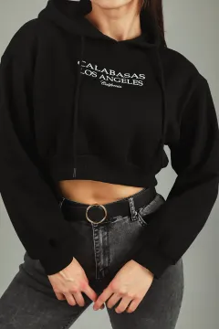Kadın Kapüşonlu Baskılı Crop Sweatshirt Siyah
