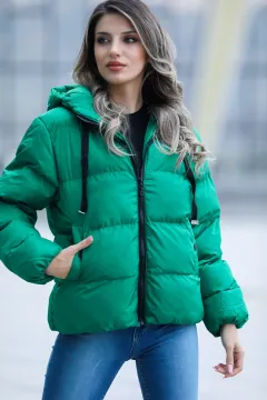 Kadın Kapüşonlu Bel Lastikli Şişme Mont Yeşil