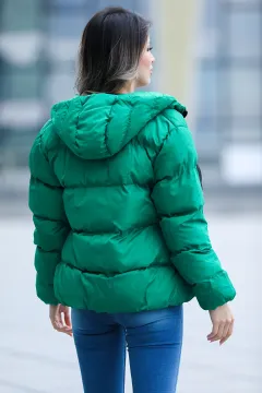 Kadın Kapüşonlu Bel Lastikli Şişme Mont Yeşil