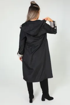 Kadın Kapüşonlu Bel Lastikli Uzun Trençkot Siyahbej