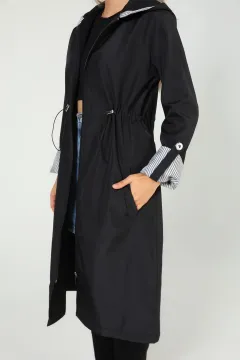 Kadın Kapüşonlu Bel Lastikli Uzun Trençkot Siyah