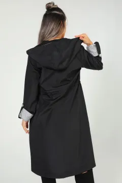Kadın Kapüşonlu Bel Lastikli Uzun Trençkot Siyah