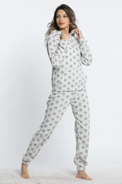 Kadın Kapüşonlu Bel Ve Paça Lastikli Puantiyeli Polar Pijama Takımı Krem