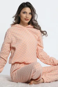 Kadın Kapüşonlu Bel Ve Paça Lastikli Puantiyeli Polar Pijama Takımı Somon