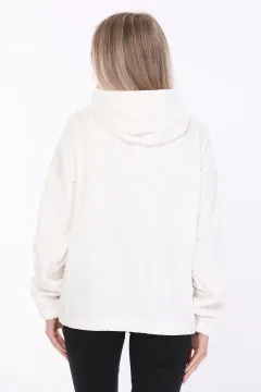 Kadın Kapüşonlu Beli Büzgülü Fermuarlı Polar Sweatshirt Krem