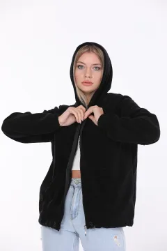Kadın Kapüşonlu Beli Büzgülü Fermuarlı Polar Sweatshirt Siyah