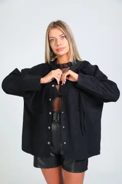 Kadın Kapüşonlu Çıtçıtlı Kadife Gömlek Siyah