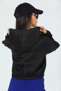Kadın Kapüşonlu Crop Sweatshirt Siyah