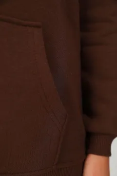 Kadın Kapüşonlu Kanguru Cepli Şardonlu Sweatshirtk Kahve