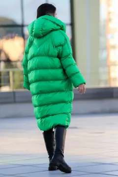 Kadın Kapüşonlu Oversize Uzun Şişme Mont Yeşil